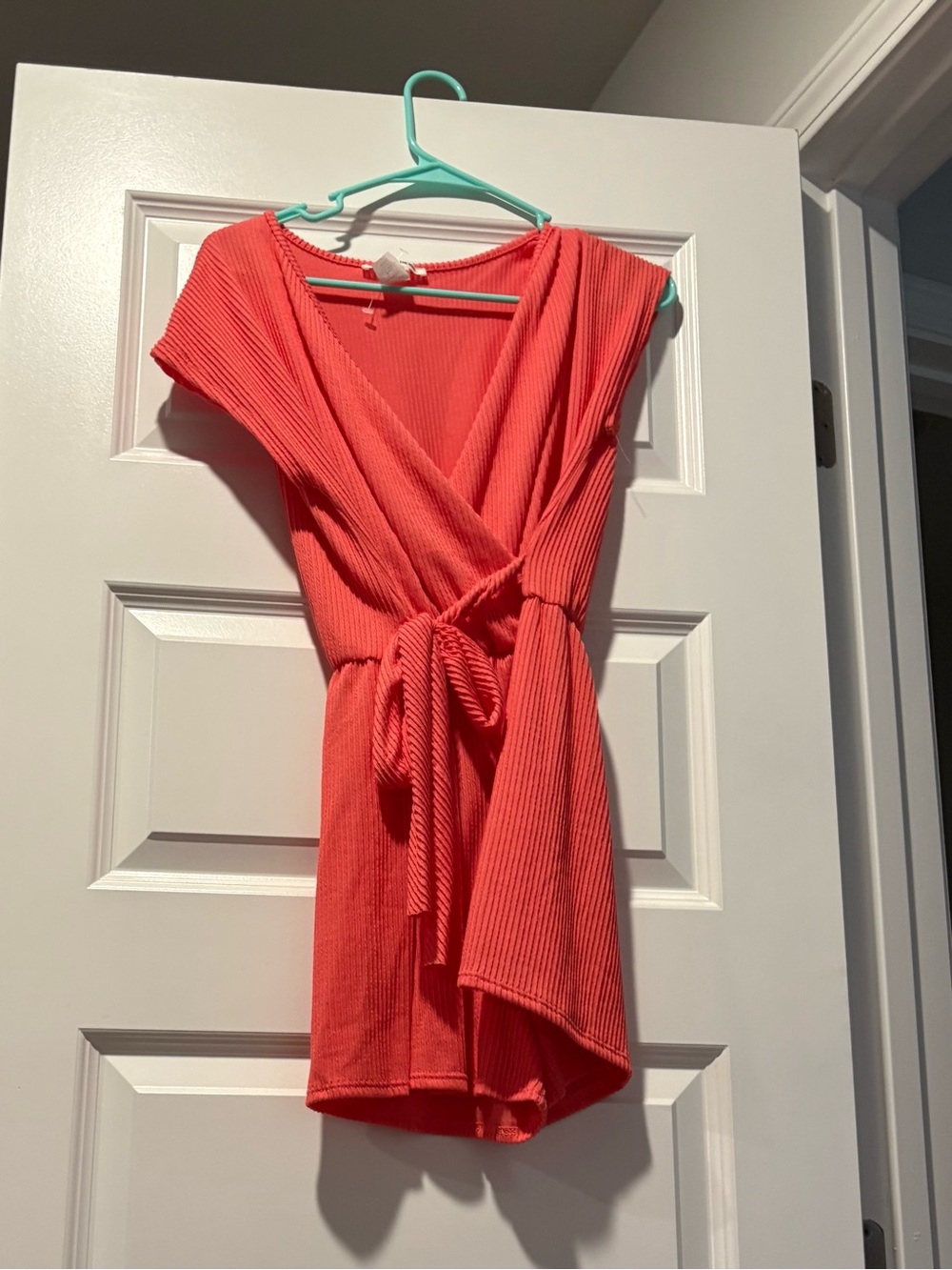 Caution To The Wind Coral Ribbed Wrap Mini Dress with Tie Waist